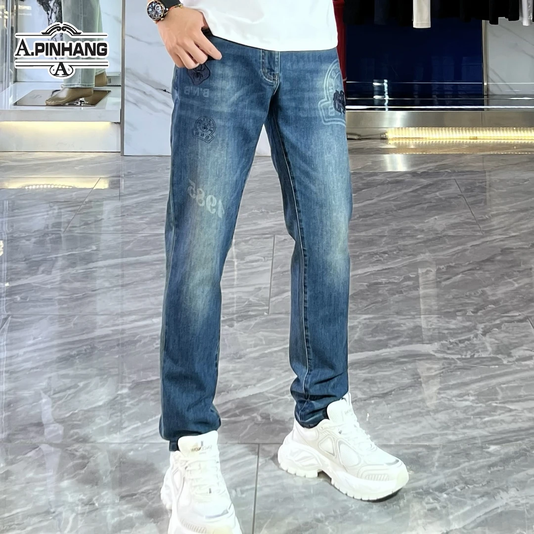 薄款男极简风蓝色水洗直筒牛仔裤弹力复古时尚男士-36087