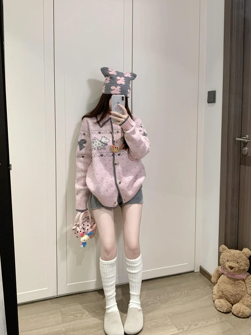 慵懒风秋季新款休闲百搭费尔岛针织开衫花纱小狗提花翻领毛衣外套