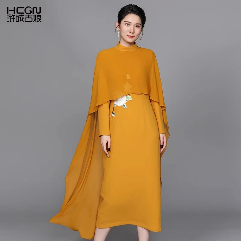 桑蚕丝披肩刺绣中国风长袖立领修身显瘦仙女裙白露连衣裙22C17250