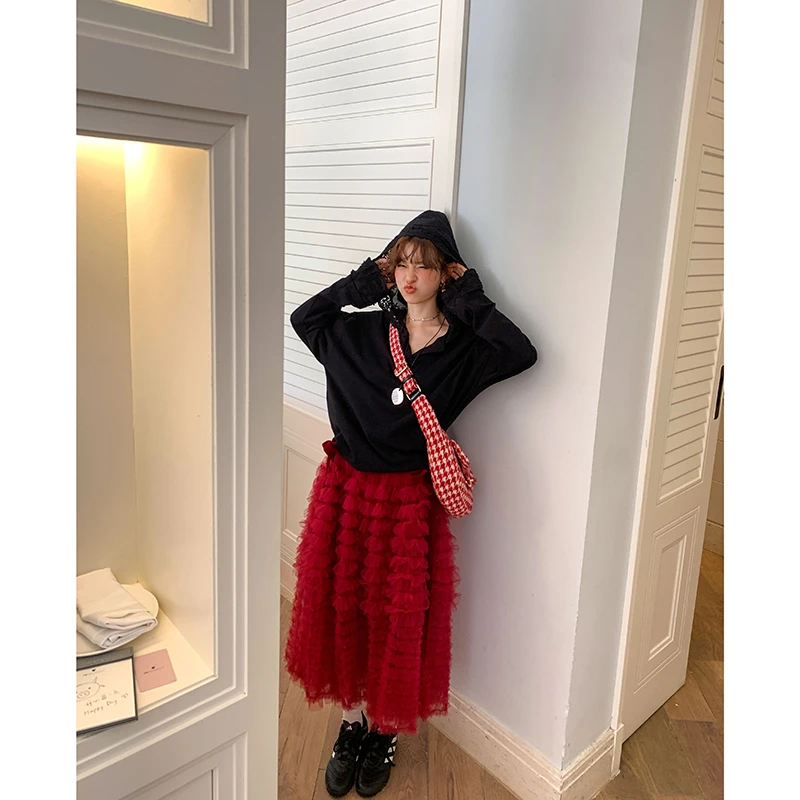 【暮色心约】黑色蕾丝边连帽T恤女宽松休闲百搭上衣4053