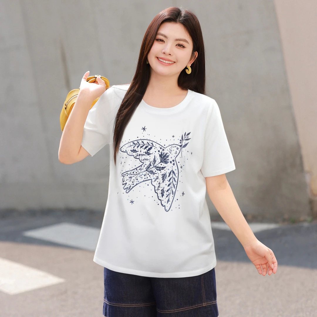 【天丝棉】MsShe大码女装2025夏烫钻闪粉印花短袖T恤B2504033