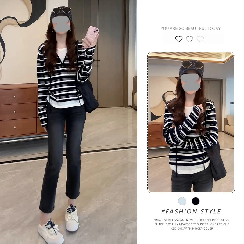 假两件长袖t恤内搭打底衫秋2025新款连帽卫衣条纹针织帽衫女上衣