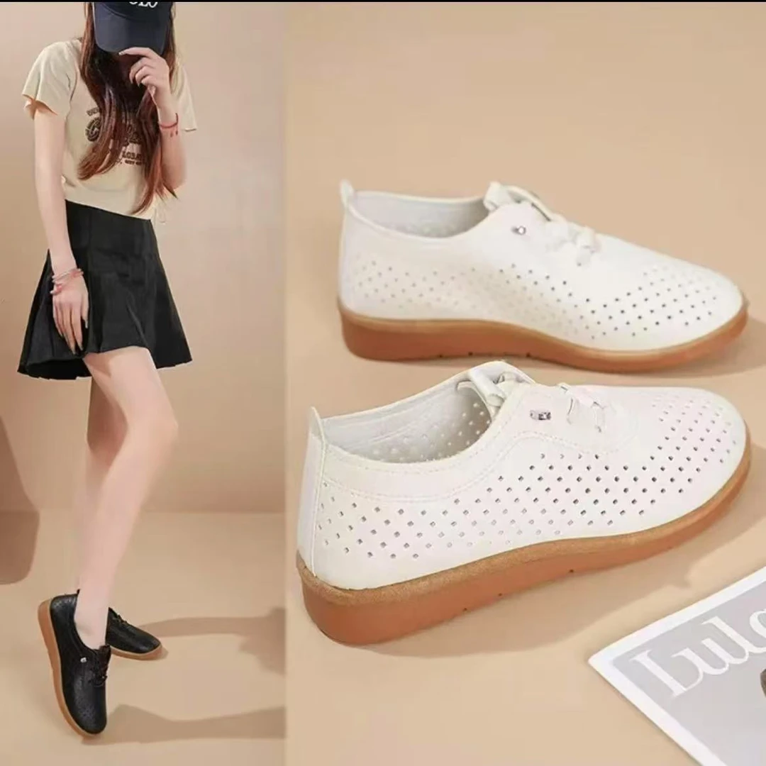 专柜同款妈妈鞋夏季软低防滑平底凉鞋镂空透气洞洞鞋豆豆鞋牛筋底