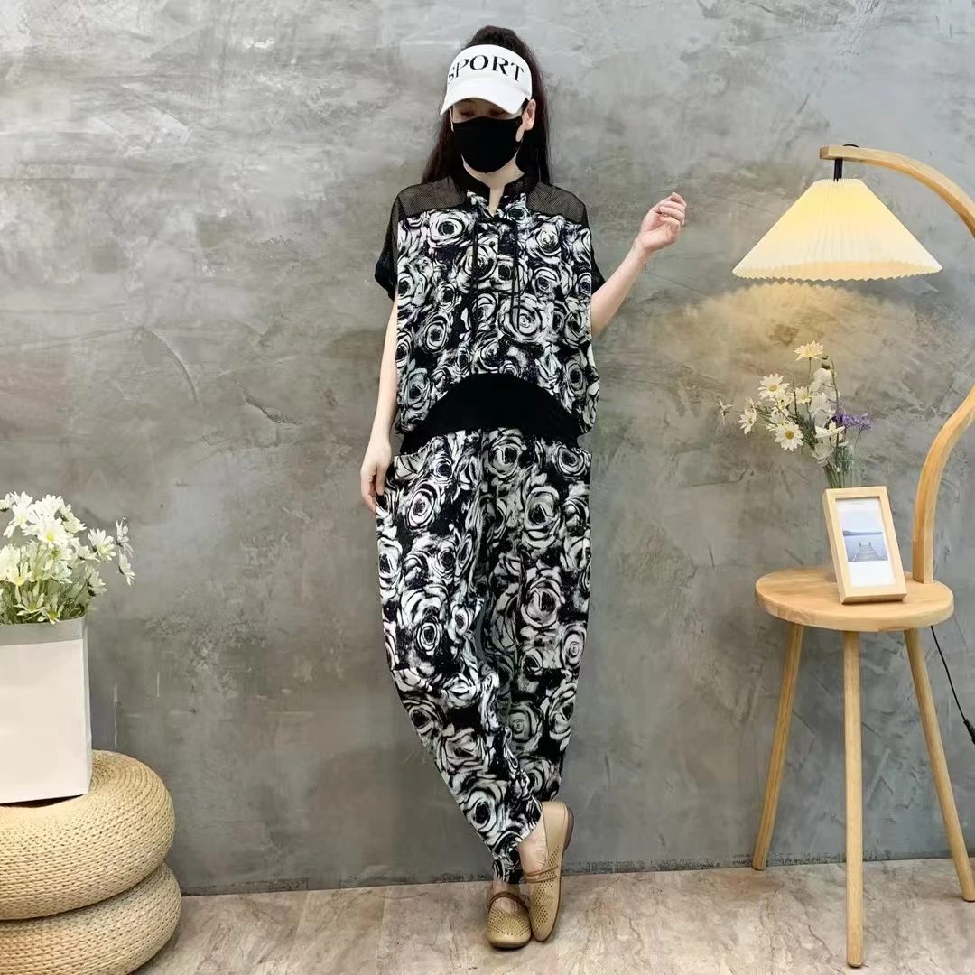 休闲中国风时尚套装时尚休闲九分裤显瘦洋气夏季网红印花潮流
