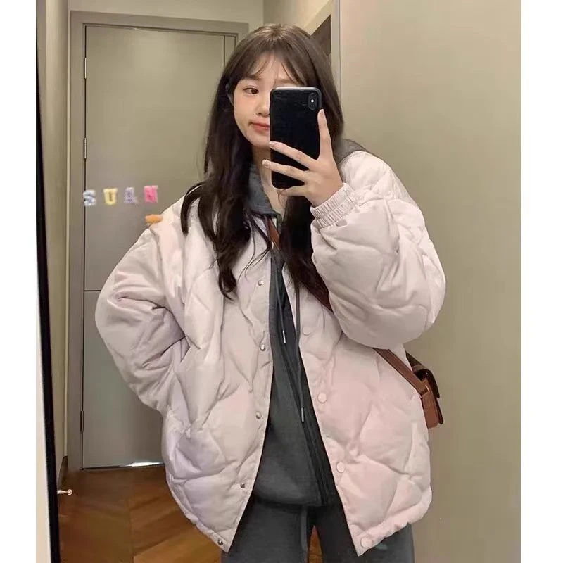 冬季宽松加厚羽绒棉服女2024年新款韩版菱形格小个子棉衣棉袄外套