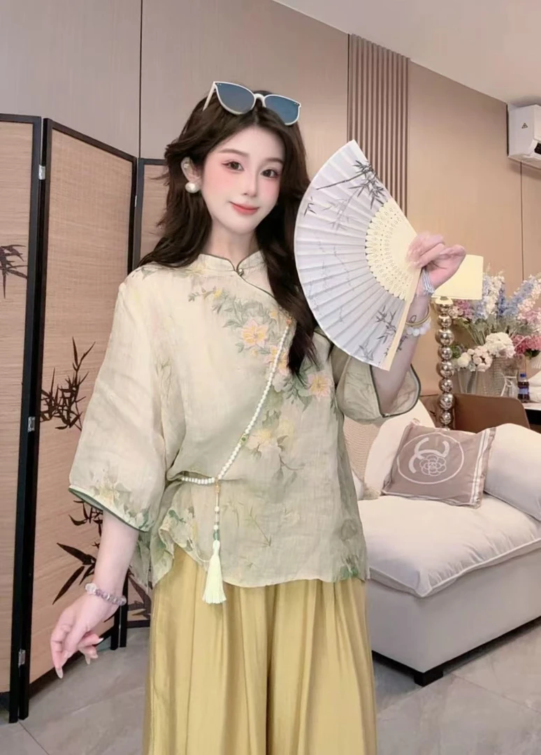 新中式夏季新品刺绣圆领碎花衬衫显瘦古风宽松上衣