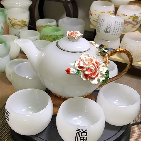 琉璃中式珐琅彩花开富贵一壶六杯礼盒套装