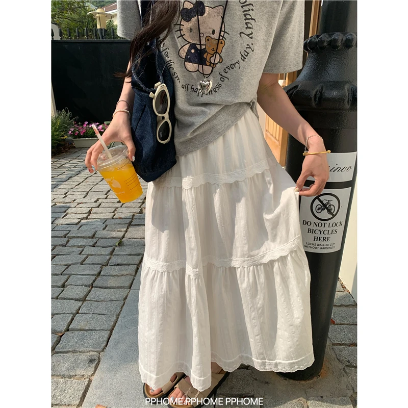 PPHOME自制~白色蛋糕裙 白色A字蛋糕温柔风长裙设计感钩花半身裙