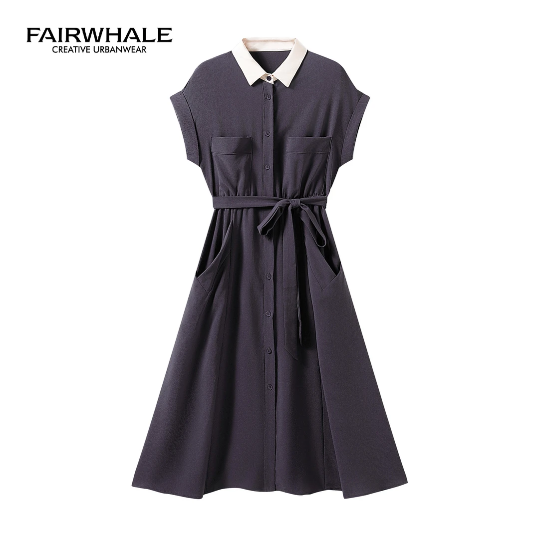 【重百百货】马克华菲时尚连肩袖翻领蝴蝶结腰带连衣裙F52028A113