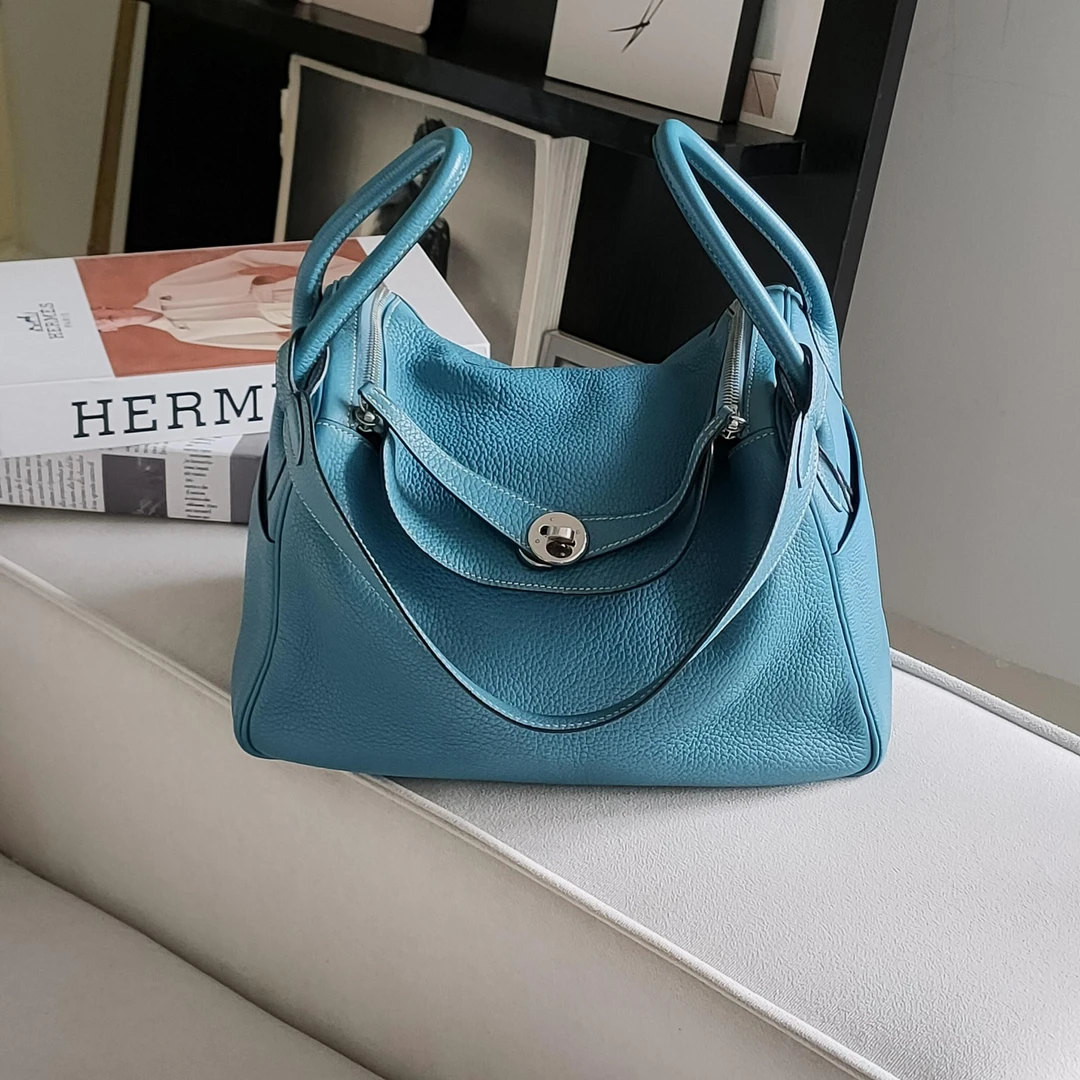 95新 Hermes/爱马仕 Azul-牛仔蓝银扣TC皮Lindy30手提单肩包38000