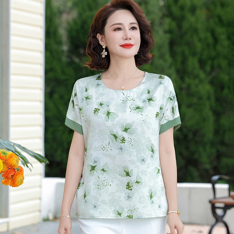 中老年妈妈短袖T恤女宽松蝙蝠衫碎花洋气时尚中年妇女小衫夏装