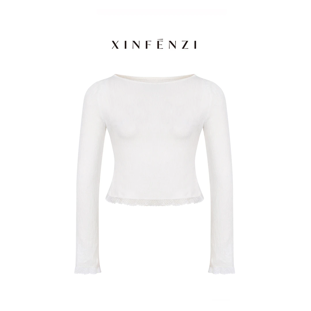 【向晚】 XINFENZI 一字领百搭蕾丝花边修身显瘦上衣 WS34416