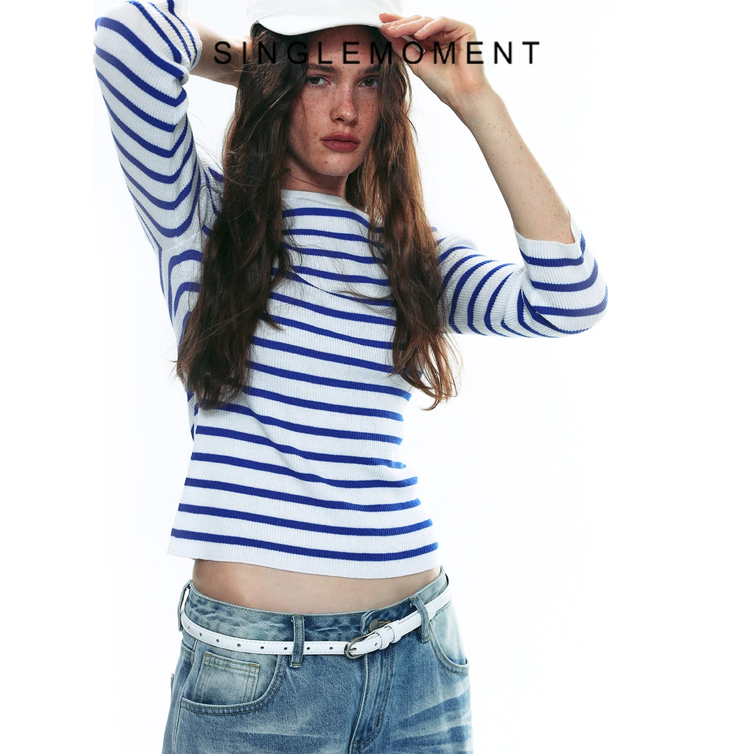 SINGLE MOMENT 25AW美利奴羊毛撞色条纹圆领八分袖针织衫T恤上衣
