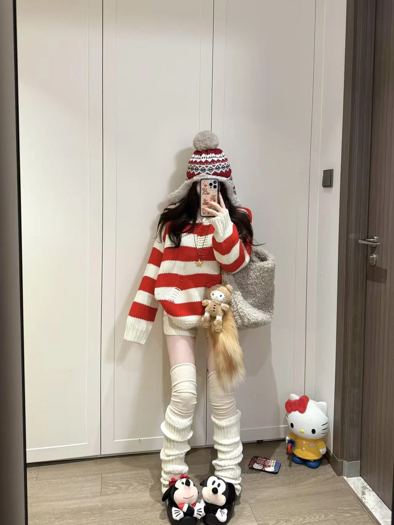 2026秋冬新款慵懒红色条纹粗针翻领毛衣女韩版宽松套头针织衫