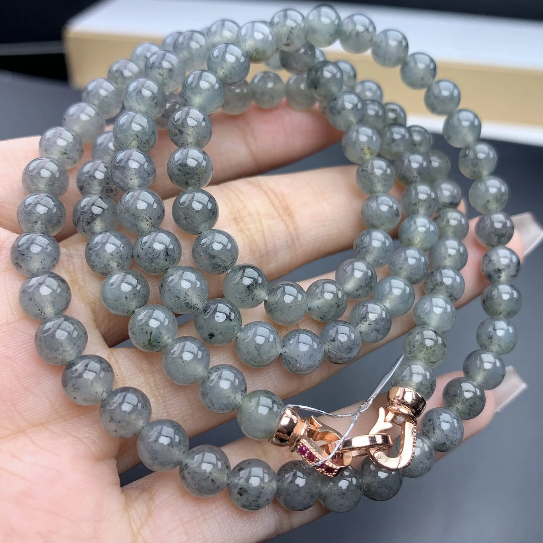 缅甸A货翡翠冰乌鸡项链珠链圆珠多圈长串3T卡6.3mm660mm