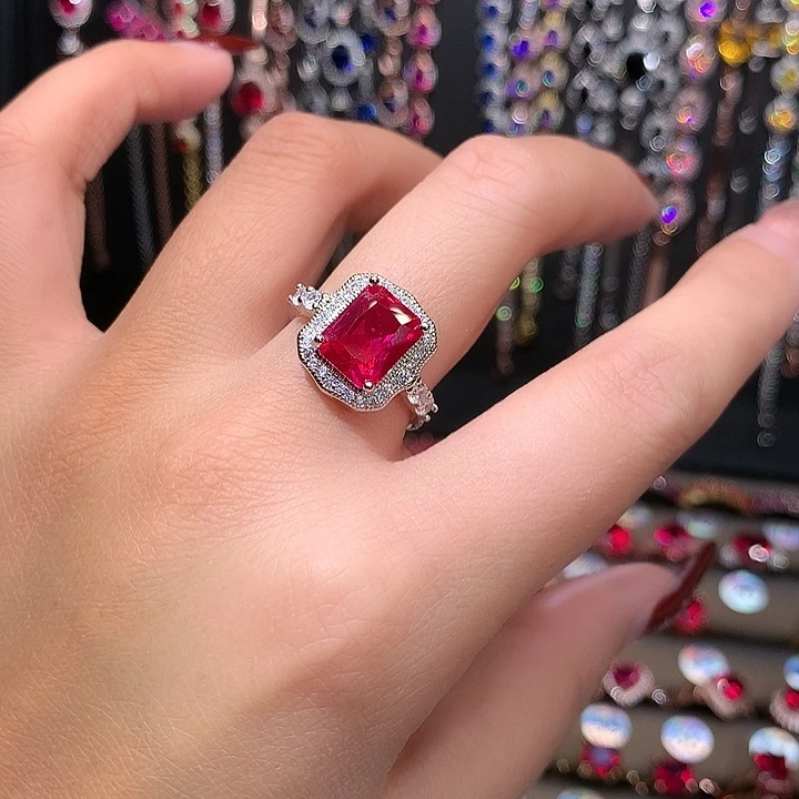 红宝石戒指银S925镶嵌白