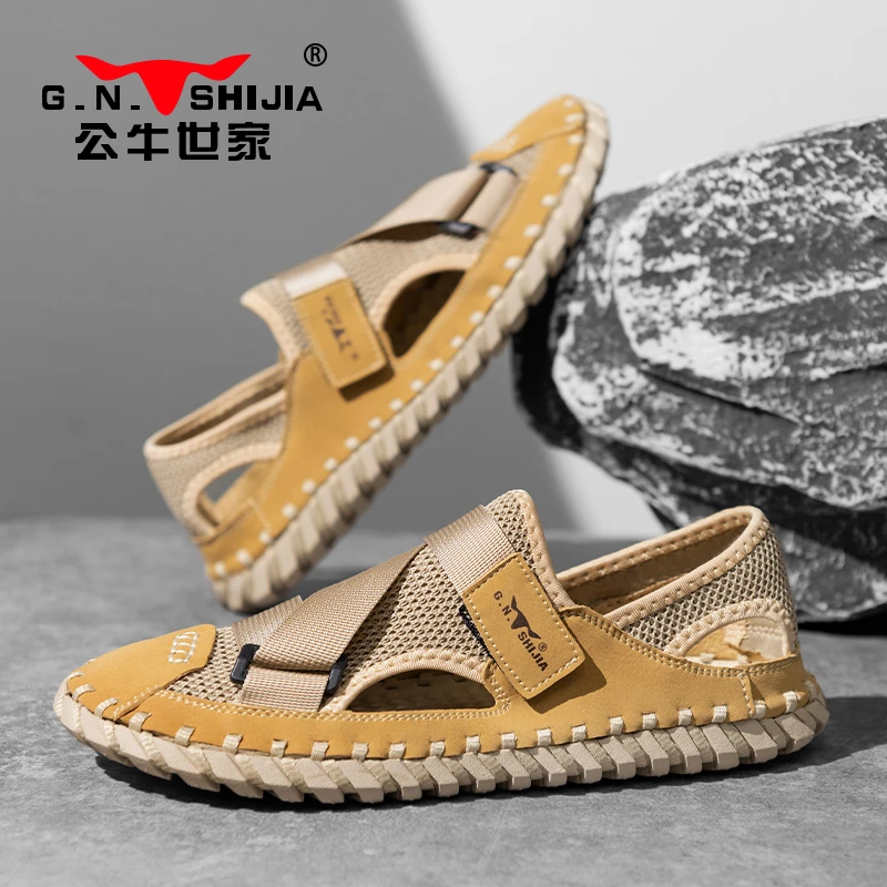 公牛世家凉鞋夏季户外软底镂空网面开车爸爸鞋男士透气薄款沙滩鞋