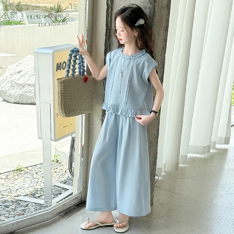 女童套装夏季2025新款儿童洋气短袖T恤裙夏装纯色花边套装两件套