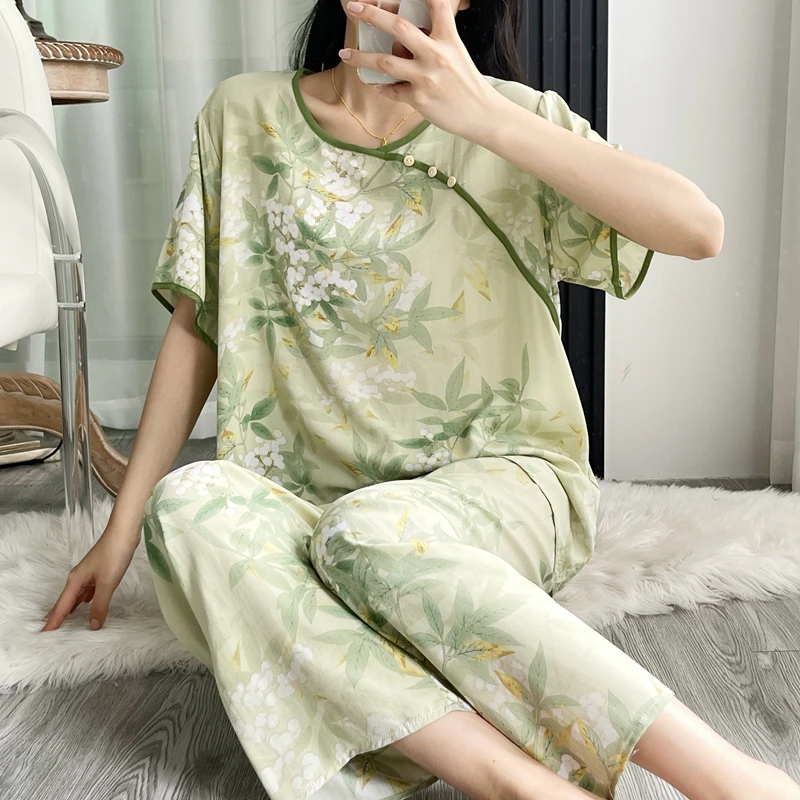 【爆款】棉绸夏短袖套装人造棉绵绸薄款宽松家居服套头女睡衣时尚