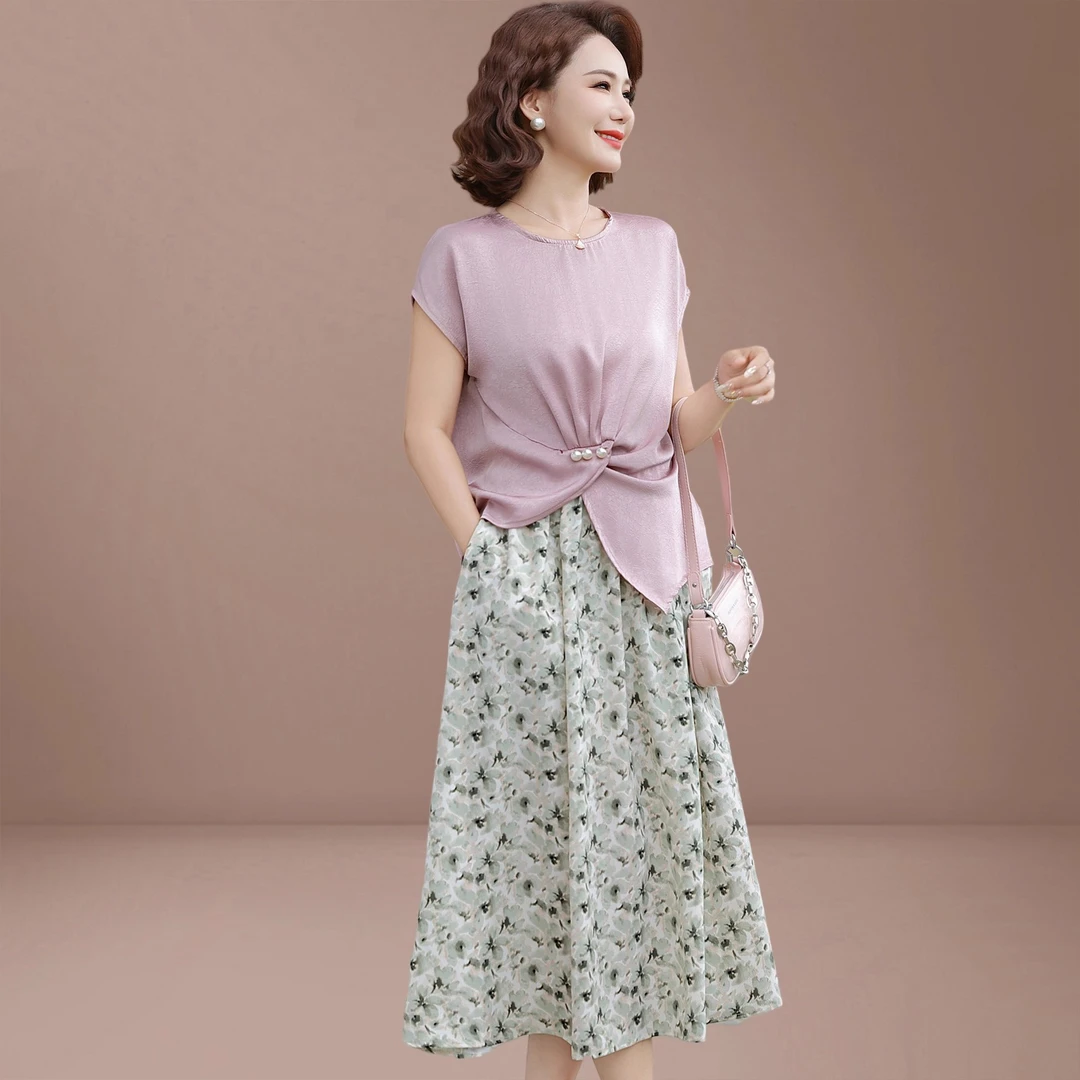 小个子妈妈夏装连衣裙2025新款中老年女装夏季气质上衣半身裙套装