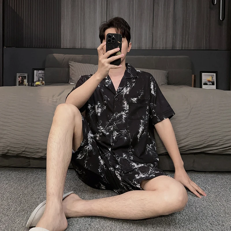 2025新款夏季男士睡衣国风冰丝短袖短裤国潮可外穿时尚家居服套装