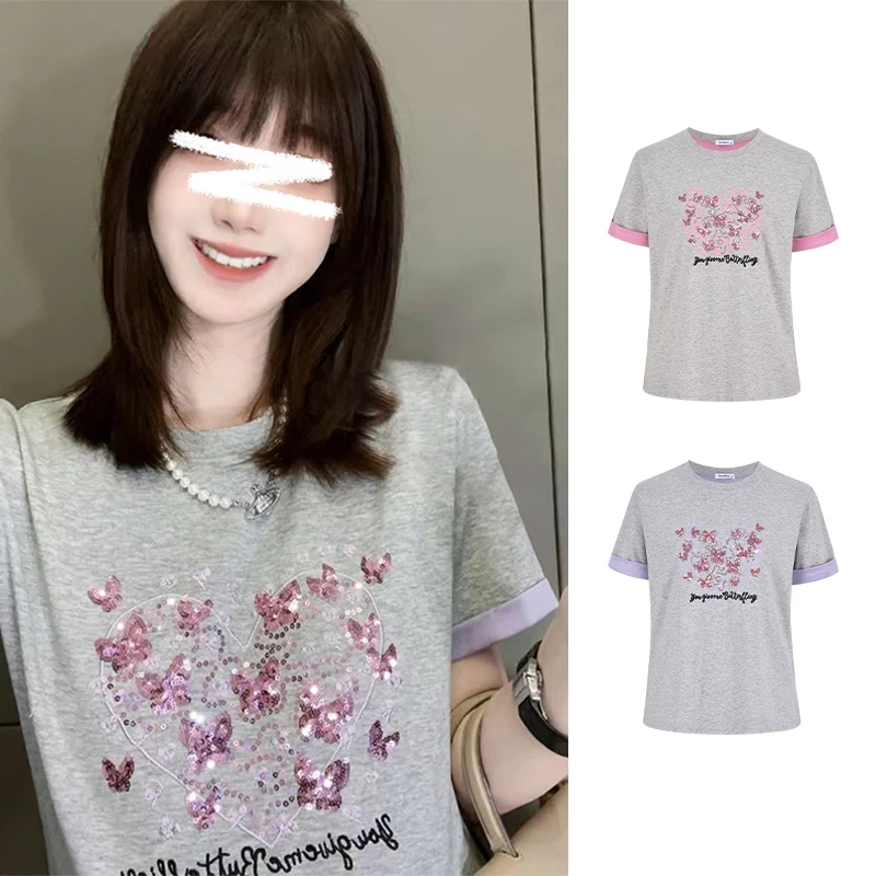 Moses Queen/魔西女王字母刺绣蝴蝶亮片撞色宽松显瘦百搭短袖T恤