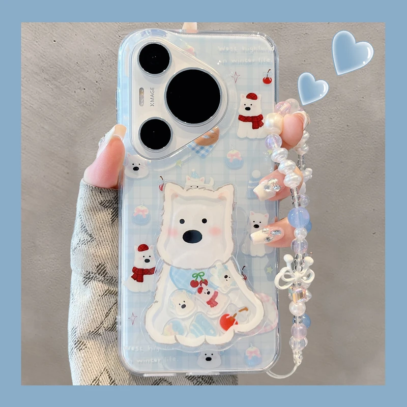 适用华为pura70pro+手机壳韩系ins格纹西高地狗狗摇摇乐支架女款