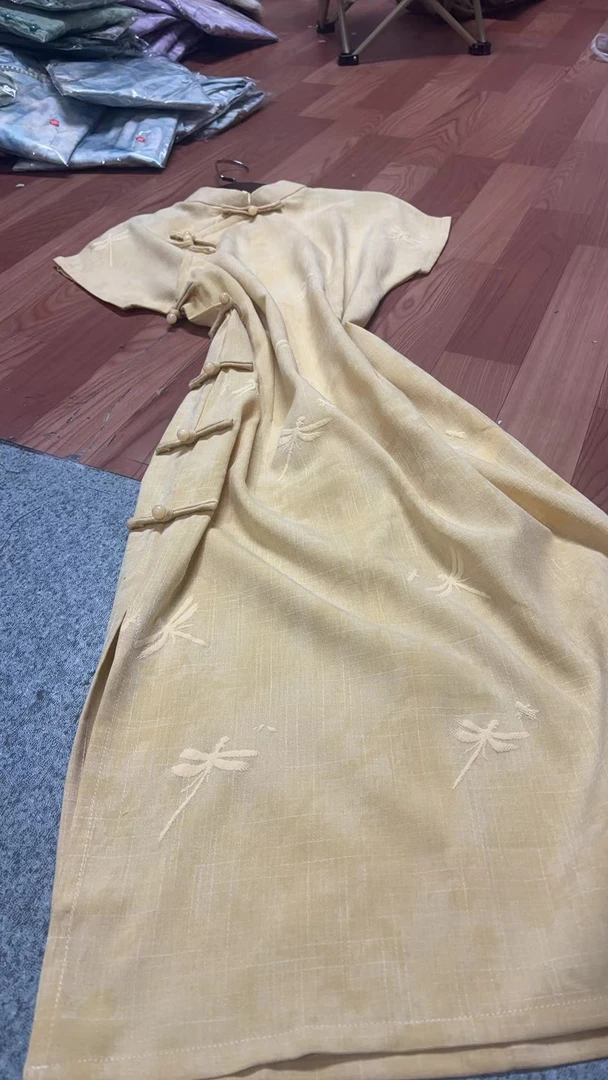 476-黄色 蜻蜓 连肩 中长八扣 旗袍