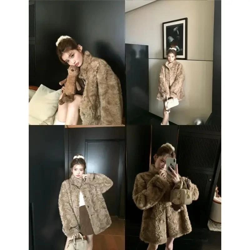 小熊心事立领染尖外套女冬季慵懒休闲加厚衣大码短外套ZA