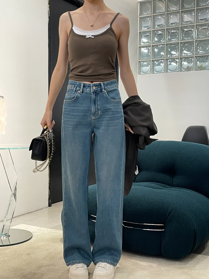 卡布71839牛仔裤女2025年夏季新款窄版阔腿裤欧货高腰宽松拖地裤