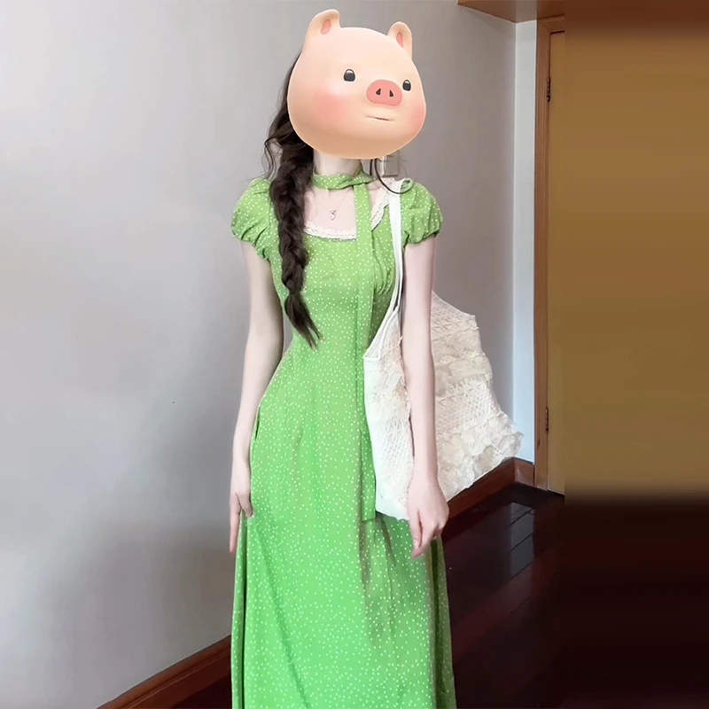 【清仓】1976波点挂脖绿色连衣裙女夏季2025新款小个子收腰显瘦长裙