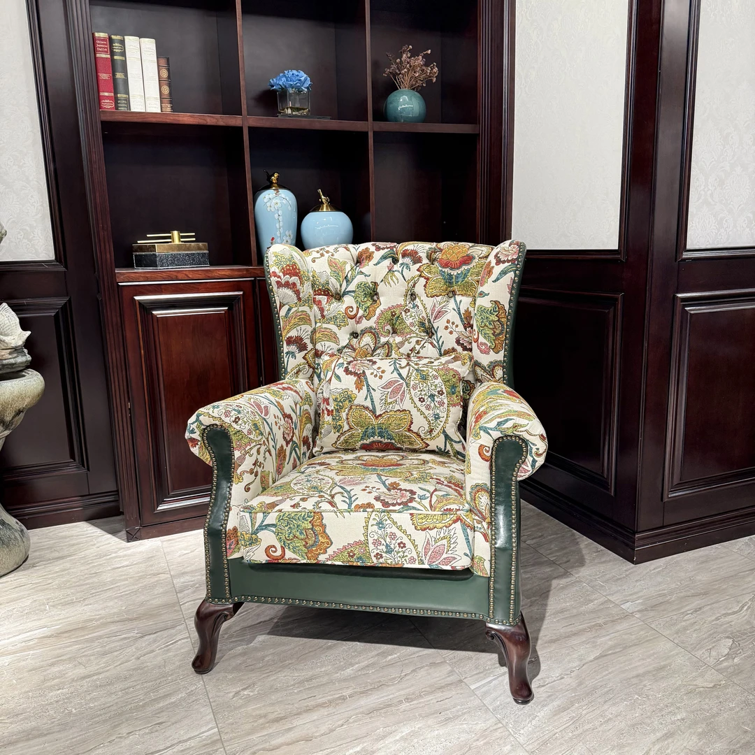 美式复古布艺单人沙发椅法式别墅客厅高背椅休闲可拆洗美式沙发