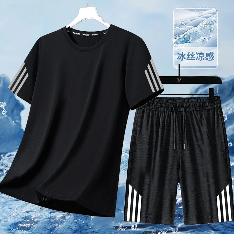 夏季薄款运动套装男士五分短裤速干冰丝透气短袖T恤休闲两件装