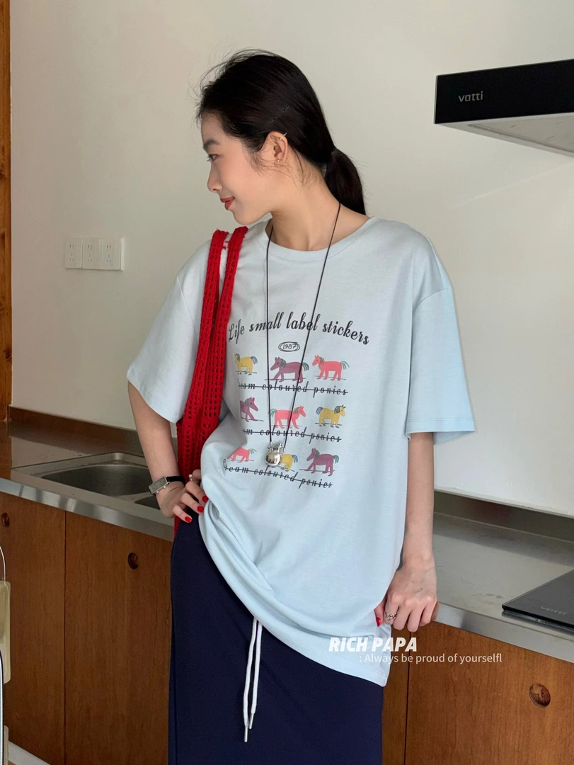 温柔瑶-PAPA#宽松百搭小马字母印花短袖T#494