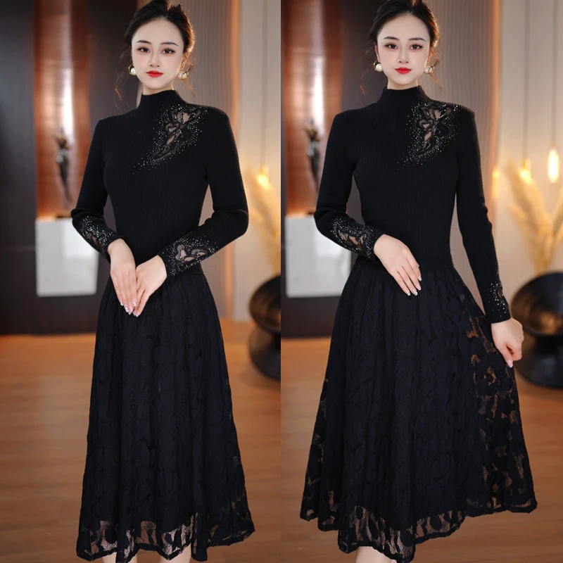 省心穿搭镶钻重工秋季连衣裙2024年收腰显瘦气质轻奢假两件连衣裙