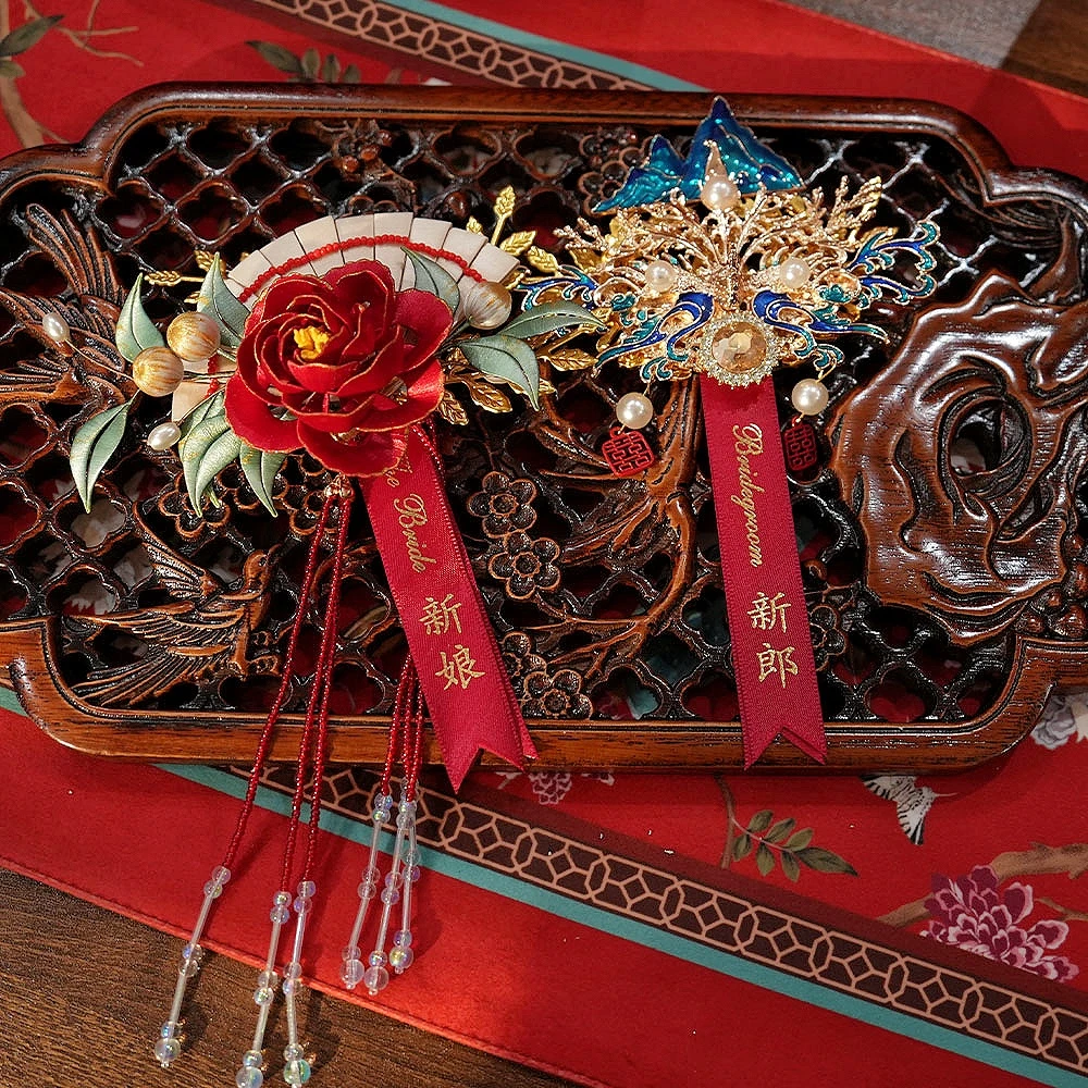 凤吟婷结婚礼缠花景泰蓝胸花新郎新娘胸针别花一对高级感襟花备婚