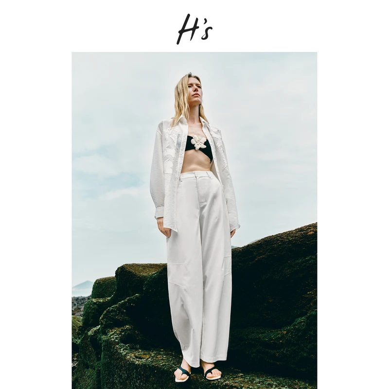 【25SS新品】‌HS亚麻棉裤子女25夏新款肌理高腰透气亲肤阔腿休闲裤