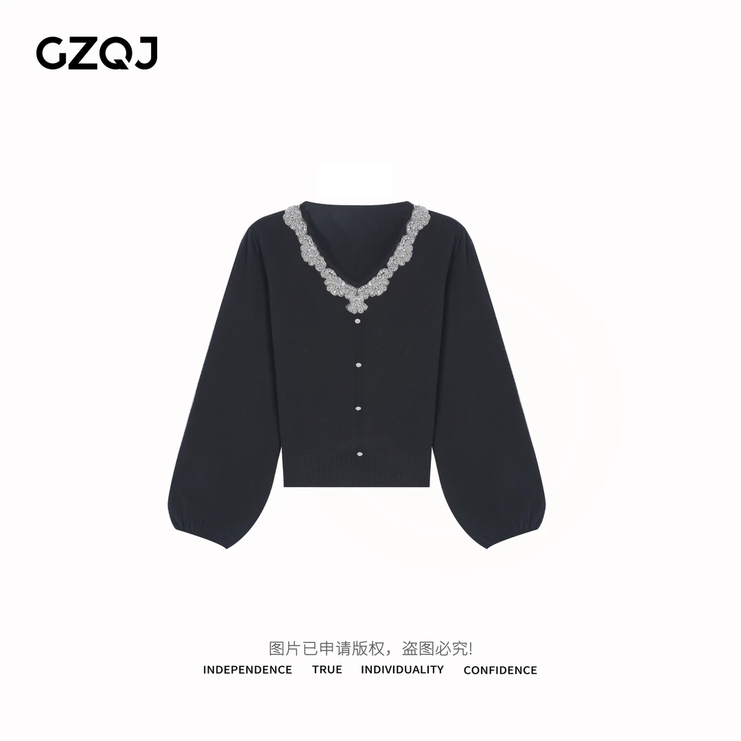 老琴私服【月光变奏曲】100绵羊毛设计感v领气质宽松针织衫毛衣6972