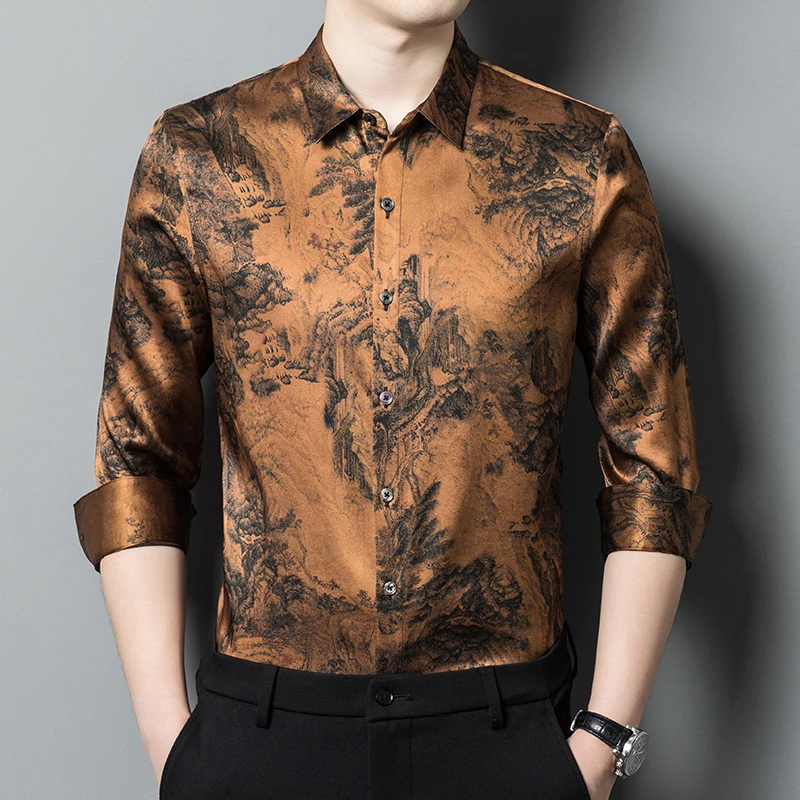 桑蚕丝真丝高端商务休闲男士长袖衬衫时尚休闲透气宽松潮轻奢新品