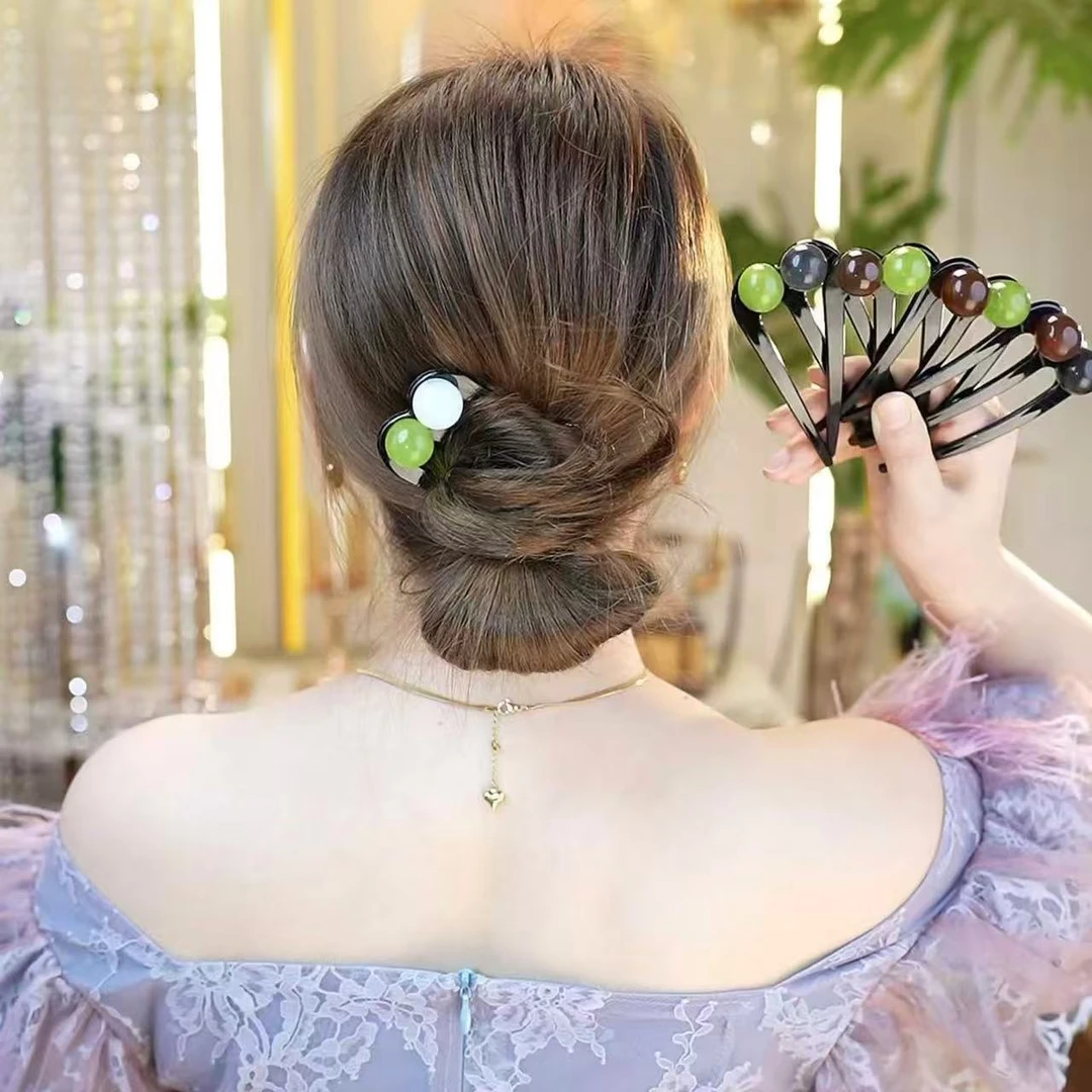 简约珠珠三齿盘发簪女百搭气质簪子后脑勺盘发神器头饰时尚发饰