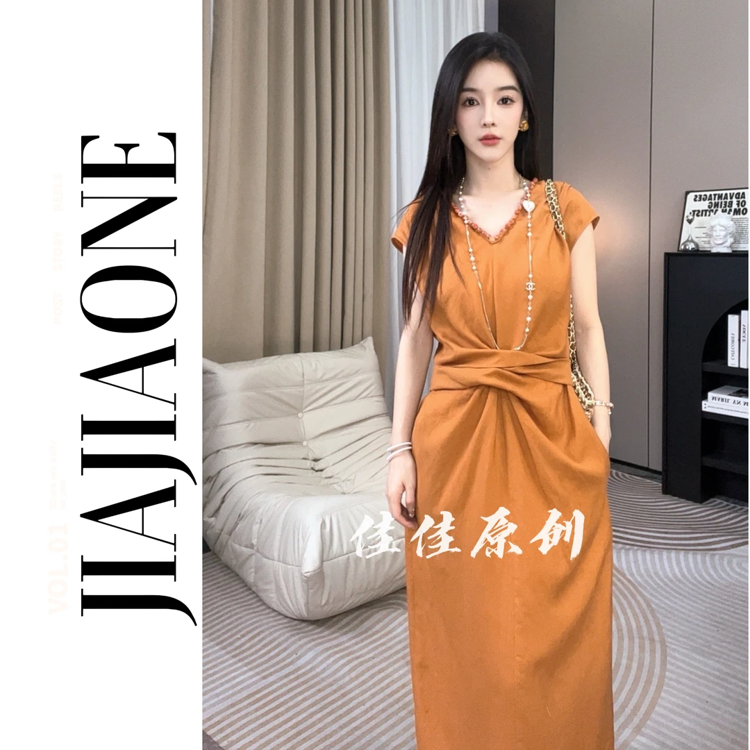 【佳美儿服饰】浪漫情调 女装高级极简中式老钱法式优雅亚麻连衣裙