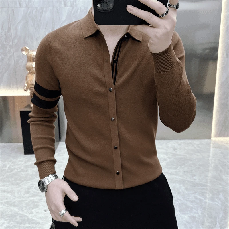 2025早秋轻奢男士针织衫新品时尚 条纹半开衫毛衣修身长袖打底衫