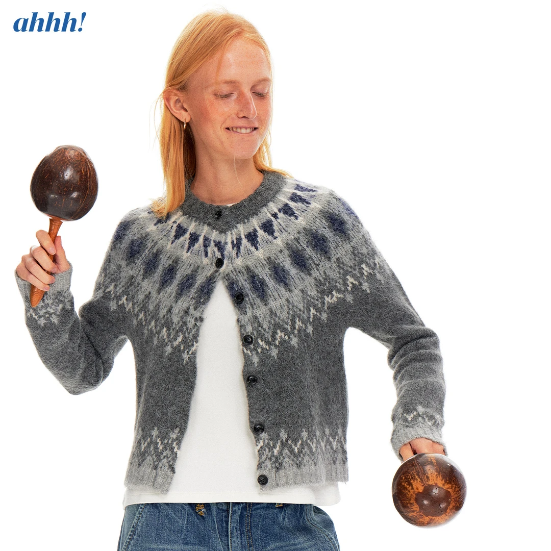 Ahhh 复古羊毛北欧费尔岛撞色氛围感圆领修身针织长袖开衫毛衣