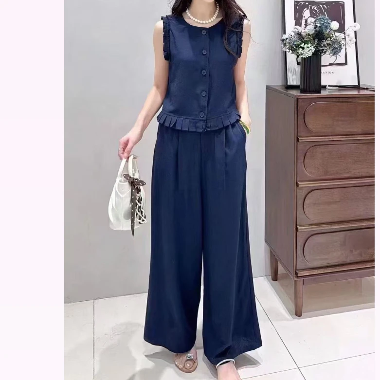 【萌萌推荐]木耳边马甲上衣套装女夏季2025新款阔腿裤两件套