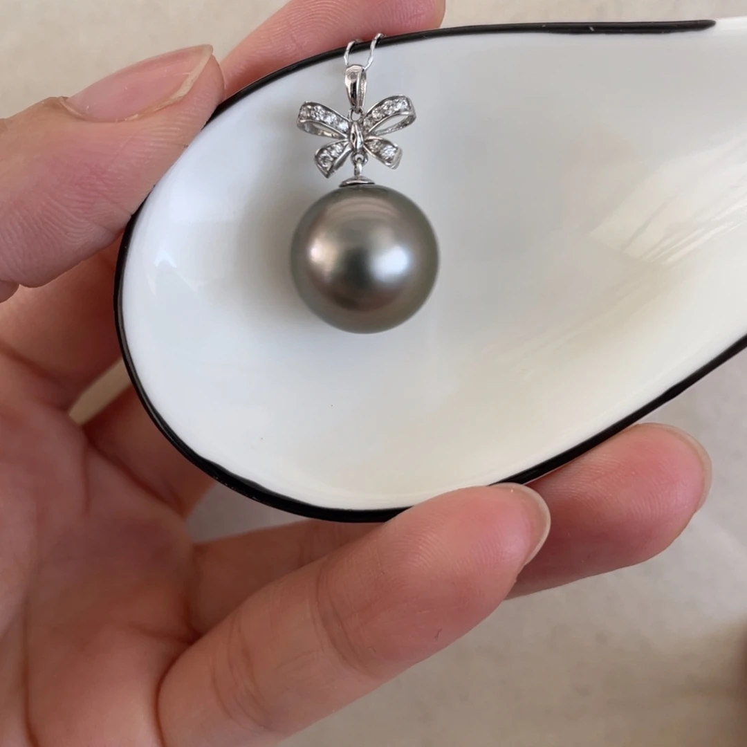 银S925镶嵌海水珍珠吊坠(不含链)14mm