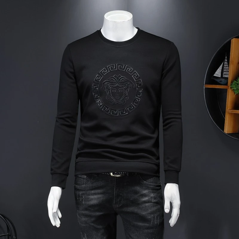 希敦纽勒潮牌刺绣圆领长袖卫衣男修身简单打底衫欧货青年亮片T恤