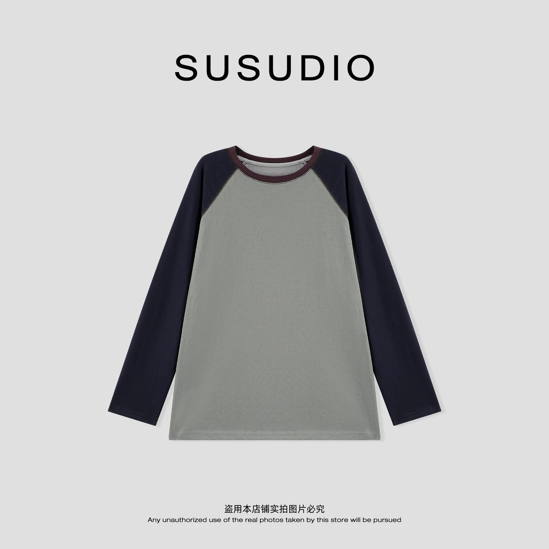 SUSUDIO  撞色拼接休闲百搭圆领宽松插肩长袖T恤 A1056