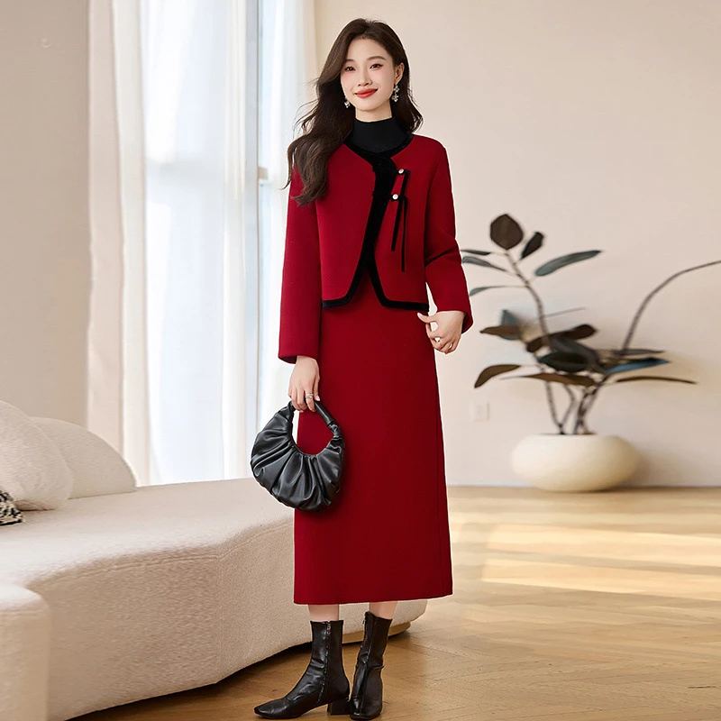 加厚毛呢外套半身裙两件套女秋冬新款法式气质名媛洋气套装套装时
