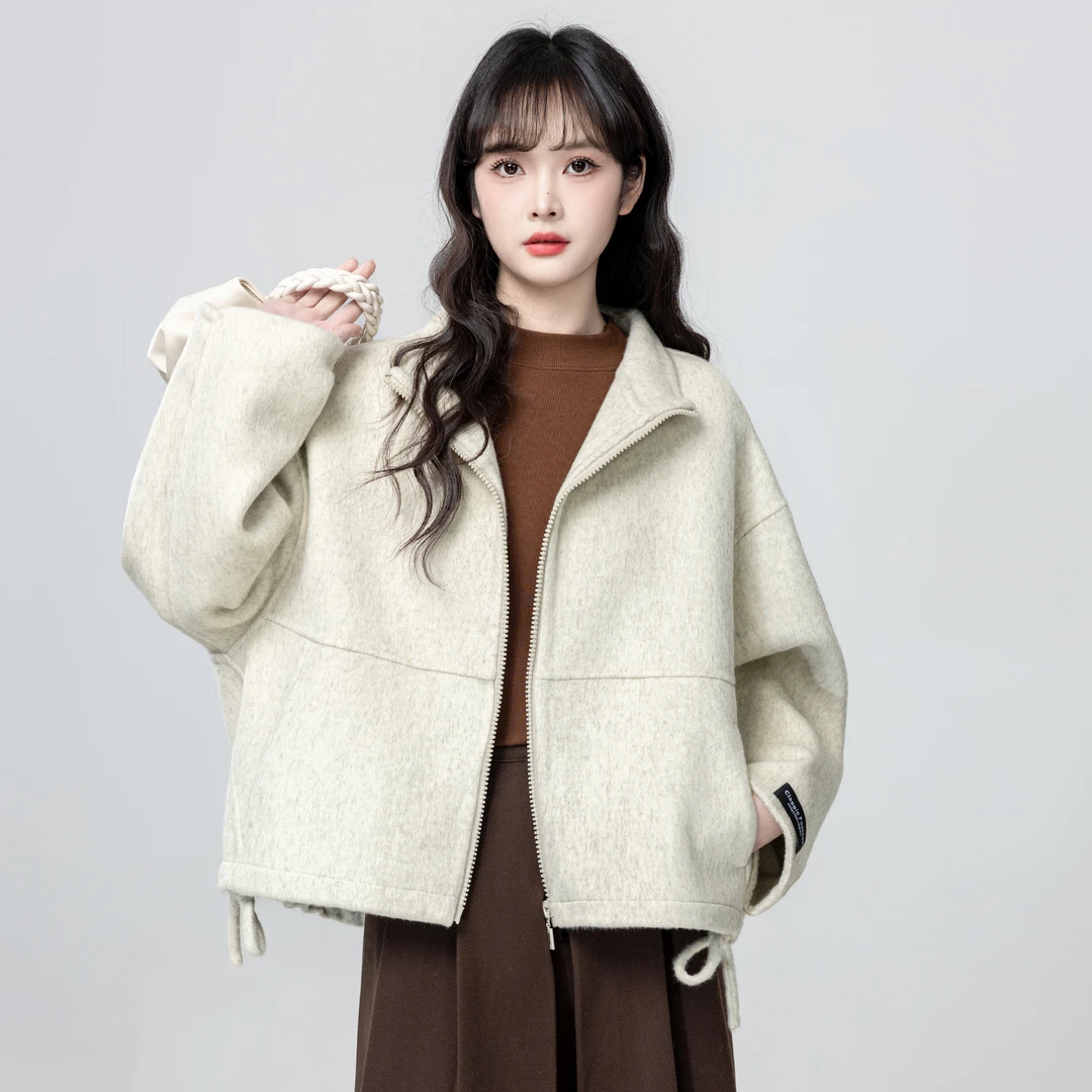 杏色翻领毛呢外套女冬2025冬季新款宽松加厚拉链呢子开衫短款上衣