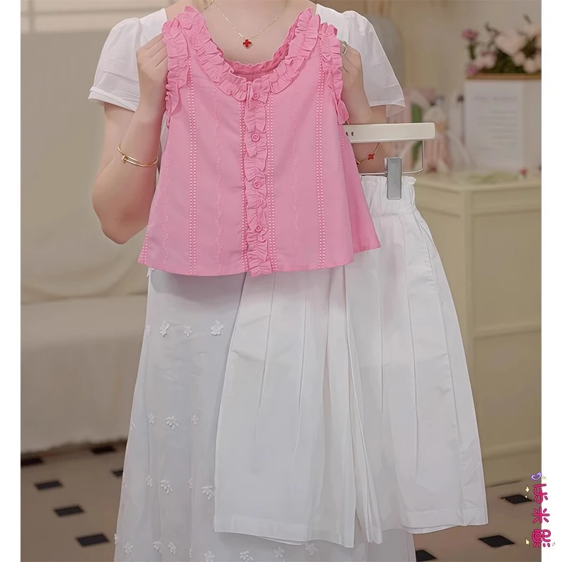 女童花边无袖阔腿裤套装2025新款夏季娃娃衫背心九分防蚊裤甜美风